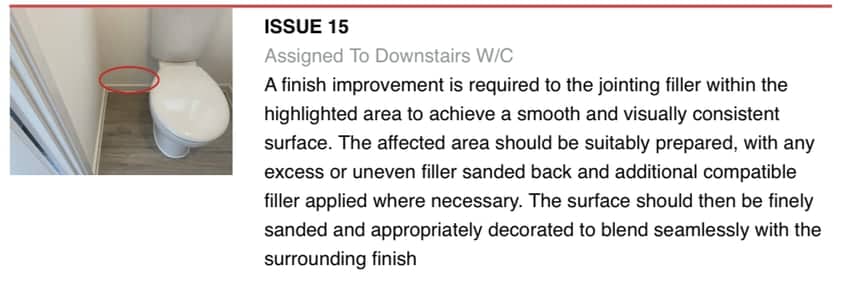 Issue 15 from one of our reports, assigned to the downstairs W/C: a finish improvement is required to the jointing filler within the highlighted area, next to a photograph with the defect circled Issue 15 from one of our reports, assigned to the downstairs W/C: a finish improvement is required to the jointing filler within the highlighted area, next to a photograph with the defect circled