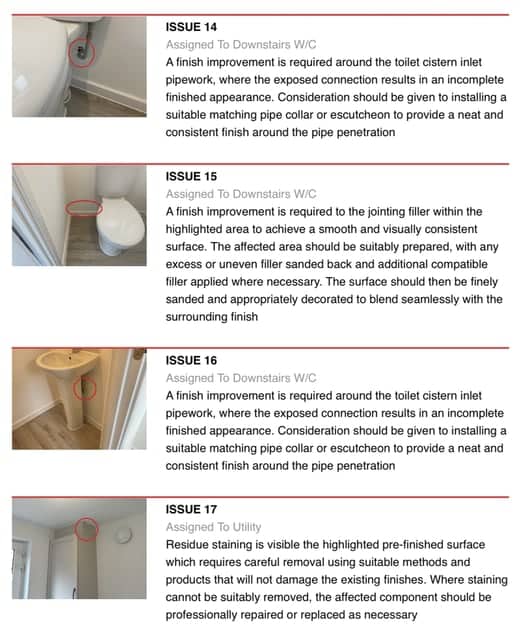 A page from one of our real snagging reports: numbered issues, each with the room, a photograph with the defect circled and a comment A page from one of our real snagging reports: numbered issues, each with the room, a photograph with the defect circled and a comment