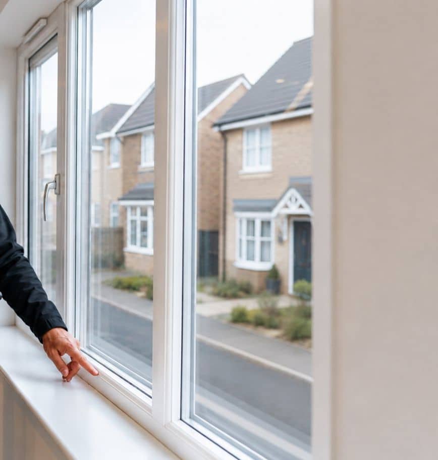 A hand on the sill of a large window looking out over new build homes A hand on the sill of a large window looking out over new build homes